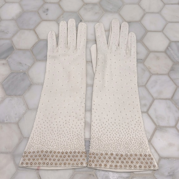 Vintage Accessories - Vintage 50-60’s Faux Pearl Ivory Cotton Gloves British Hong Kong Women’s Size S